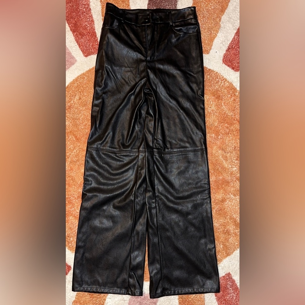 Black leather pants, high waisted, straight legged